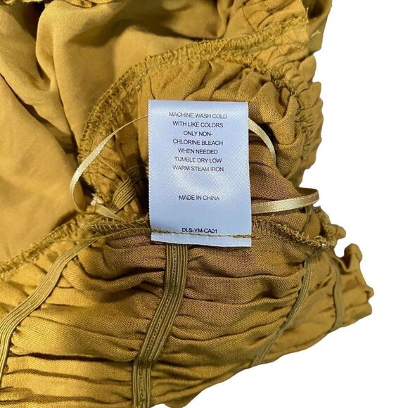 NWT A Loves A Straw Mustard Ruched Puff Long Sleeve Cropped Blouse Linen Blend S - Picture 7 of 12